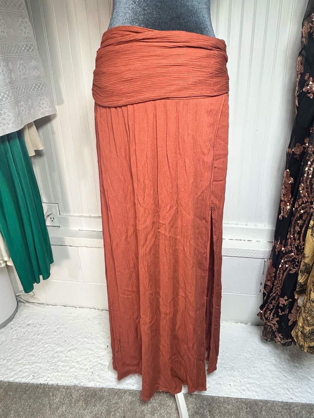 Terra cotta orange maxi skirt boho small women’s deep side slit skirt